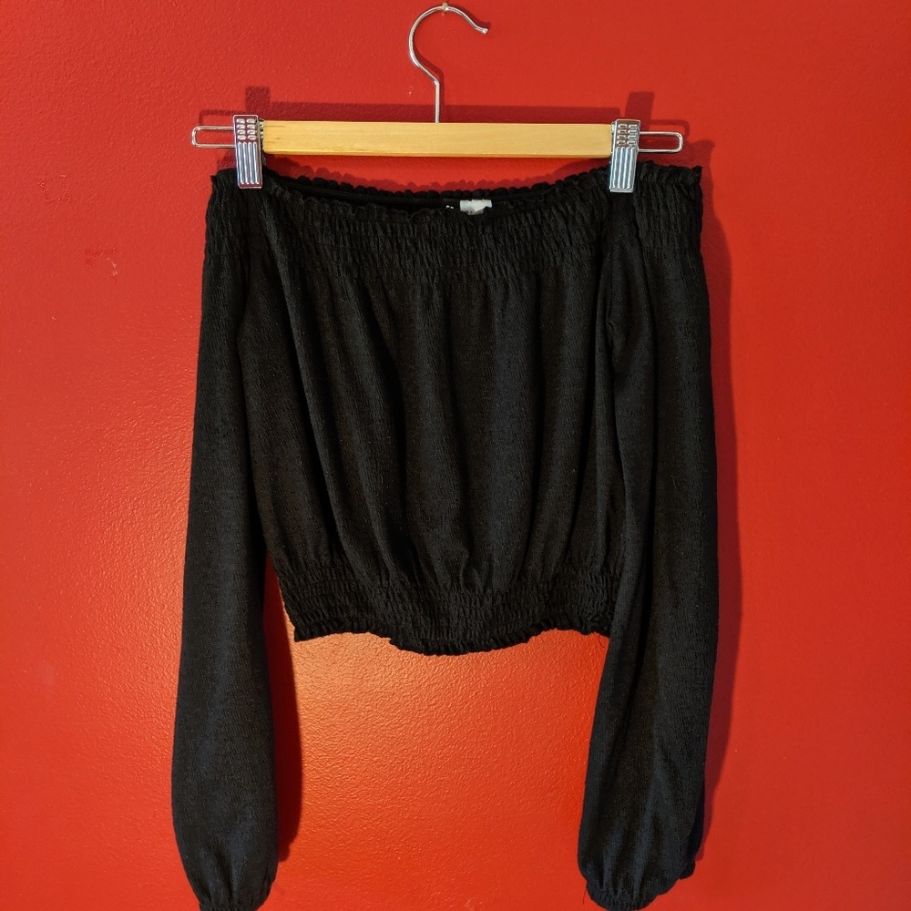 Off The Shoulder Black Long Sleeve Crop Top